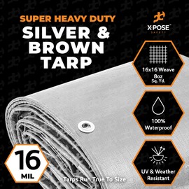 12' x 16' Super Heavy Duty 16 Mil Silver/Brown Poly Tarp Cover - Thick Waterproof, UV Resistant, Rip and Tear Proof Tarpaulin with Grommets and Reinforced Edges - by Xpose Safety