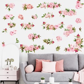 MEFOSS Watercolor Bouquet Peony Wall Decal Flowers Floral Peonies Wall Stickers Peel and Stick Wall Art Decals for Girls Bedroom Living Room Dresser Wedding Party Decorations Removable