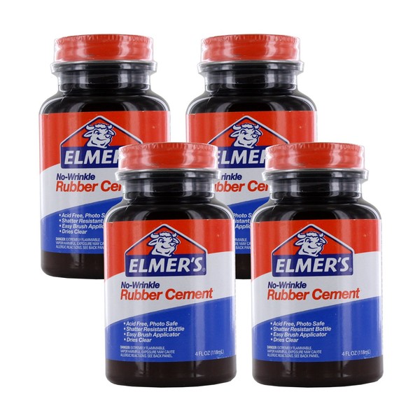 Elmer's No-Wrinkle Rubber Cement, Acid-Free, 4 Oz Bottle, Pack of 4
