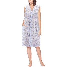 vkwear Women's Sleeveless Pearl Snap Button Floral Duster Nightgown Lounger Robe G168 (Blue, L)
