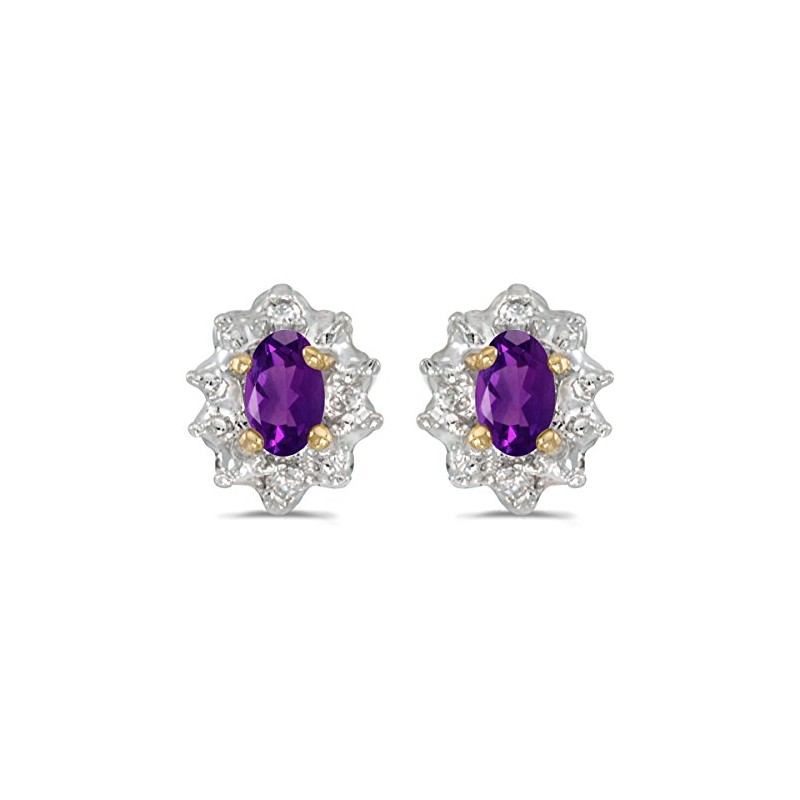 10k Yellow Gold Oval Amethyst And Diamond Earrings