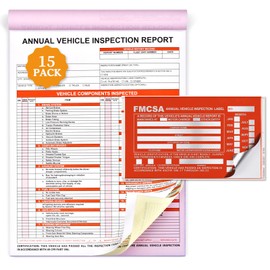Bonpaso 15 Pack Annual Vehicle Inspection Report Forms & 15-Pk Red Aluminum FMCSA Adhesive Labels/Stickers, 3-Ply Carbonless Inspection Sheet Book with Hardboard, DOT Compliant