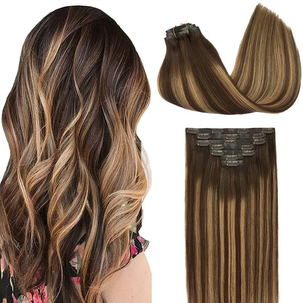GOO GOO Human Hair Extensions Seamless Clip in Hair Extensions 20 Inch Ombre Chocolate Brown to Caramel Blonde 150g 7pcs Thick Remy Hair Extensions Full Head Natural Real Hair
