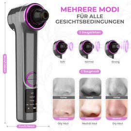 Bibykivn Mitesserentferner, 2 In 1 Porenreiniger mit Heizmodus, Porensauger Mitesser Sauger, Gesichtssauger Pickelentferner Set mit 4 Wirkstufen & 5 Austauschbare Saugköpfe