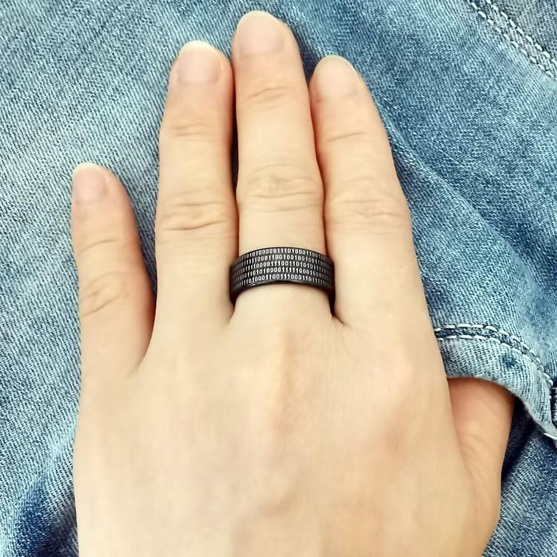 AJZYX 8mm Stainless Steel Binary Code Ring Anniversary Promise Wedding