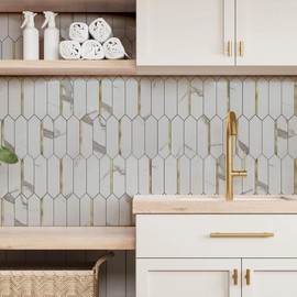 KASARO Peel and Stick Backsplash Long Hexagon Wall Tile, 10-Pieces PVC Self Adhesive Mosaic Tiles, Marble White with Vintage Gold Stripes Decorative for Kitchen, Bathroom and Fireplace