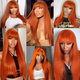 Ruiyu Ginger Orange Wigs Human Hair with Bangs 2x4 HD Lace Closure Straight 100% Brazilian Human Hair Wigs with Bangs Colored 350# Ready to Wear and Go Glueless Wigs for Women 28 Inch