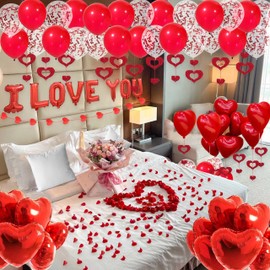 Valentine's Day Decorations 2 Set Red I LOVE YOU Balloons - 1200pcs Red Artificial Rose Petals 16" Letter Balloons 18" Heart Foil Balloons Latex balloons 10 heart balloons Hanging Swirls Heart Banner