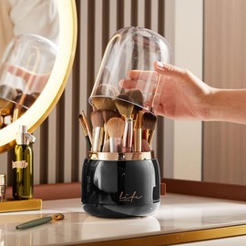 Bingobang Makeup Organiser Brush Holder 360 Rotating with Dustproof Lid, Spinning Cosmetic Organizer Acrylic, Storage for Lipstick, Lip Gloss, Eyeliner, Bedroom, Bathroom (Black)