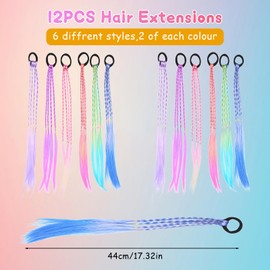 12 PCS Hair Accessories for Girls with Elastic Hair Tie, Coloured Hair Extensions for Kids, Kids Hair Extensions for Girls, Rainbow hair Extensions for Girls Hair Decor（6 Gradient Colour）