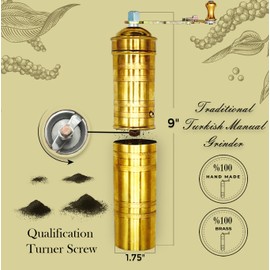 Handmade Brass 9 Inch Manual Coffee Grinder Large Pepper Mill With Handle Proper For Fresh Coffee Bean Peppercorn Grinder Brass Handle Crank With Giant Fine Refillable Grind For Flavor Turkish Style