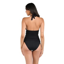 La Blanca Womens Island Goddess Rouched Front Halter Swimsuit Tankini Top, Black, 18 Plus