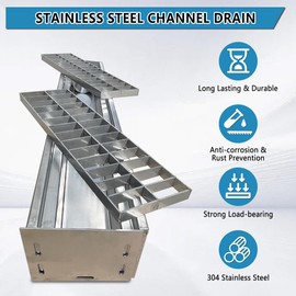 Stainless Steel Channel Drain 39.4"×6.8"×5.1" Durable Trench Drain System with 2 Galvanized Steel Drain Grates, End Cap, End Outlet&Installation Accessories for Driveway, Garage, Outdoor