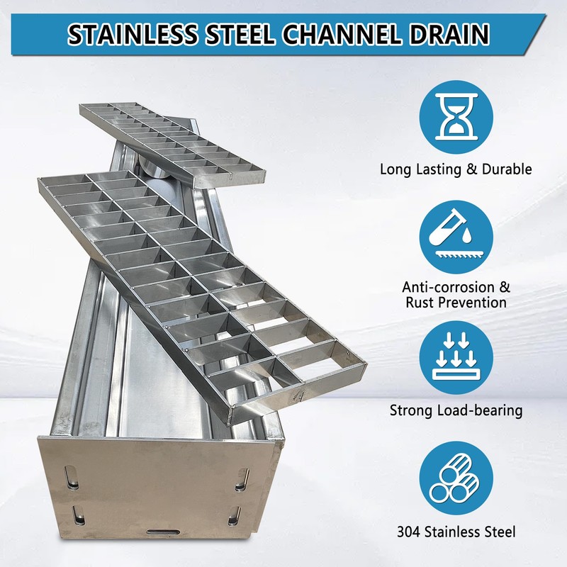 Stainless Steel Channel Drain 39.4"×6.8"×5.1" Durable Trench Drain System with