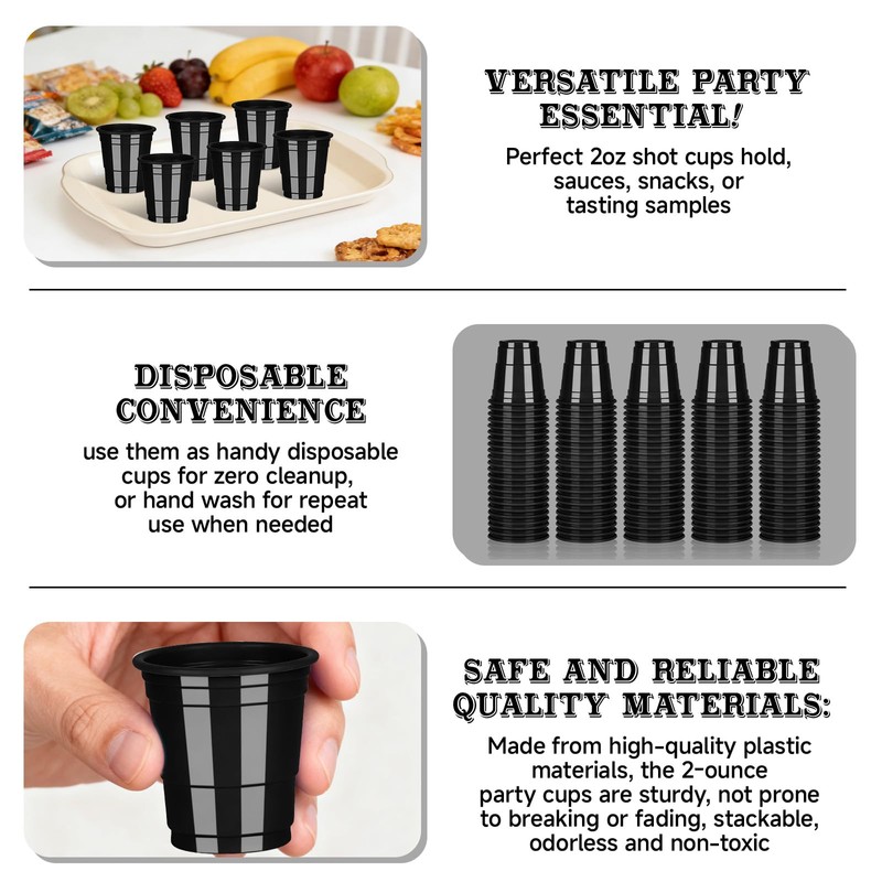 50 Pack 2oz Black Plastic Shot Glasses - Graduation Party