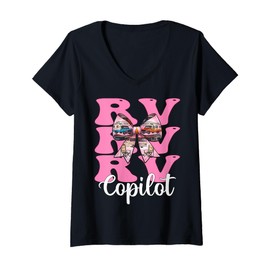 Womens RV Copilot RV Camping Camper Motorhome Girl Mom Coquette Bow V-Neck T-Shirt