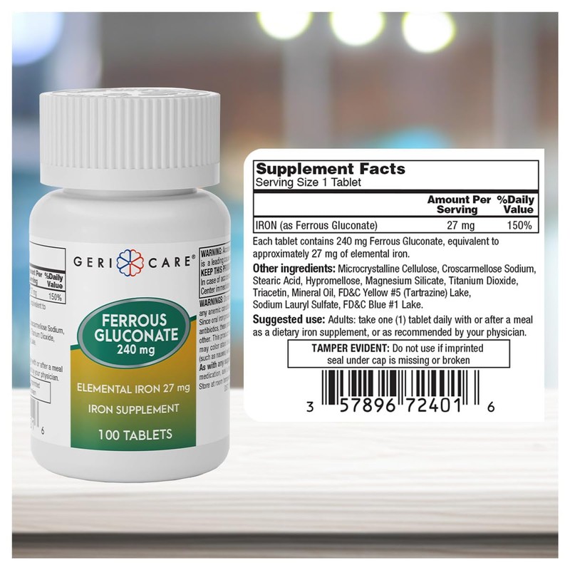 Gericare Iron 27mg Ferrous Gluconate 240mg, Iron & Energy Suplement,