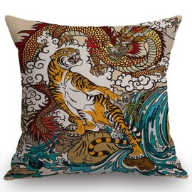 Swono Chinese Dragon and Tiger in The Landscape with Waterfall Cotton Linen Throw Pillow Case Cushion Cover Home Office Decorative for Sofa Living Room Square 18 X 18 Inches