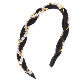 LUX ACCESSORIES XOXO Hair Braid Headband with Faux Pearls and Rhinestones, 4.5-6 Inches, Black Gold Tone