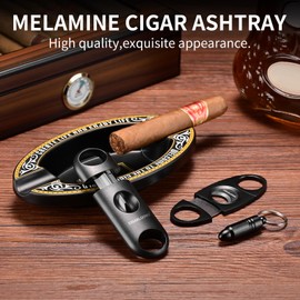 Cigarwong Cigar Ashtray and Cigar Cutter Set Portable Include Sharp Cigar V Cutter Straight Cutter Punch, Cigar Travel Accessories Set for Home Office Indoor and Outdoor Gift for Man(Black)