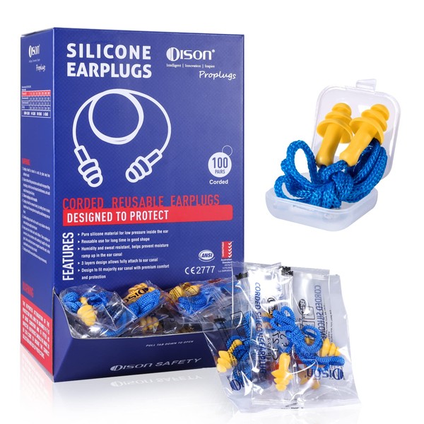 Dison 100Pairs Silicone Ear Plugs, 32dB Corded Reusable Earplugs for