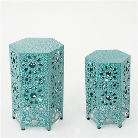 Afuera Living 2 Piece Outdoor Iron Side Table Set in Crackle Teal Sunburst
