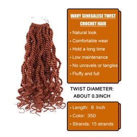 Ginger Senegalese Twist Crochet Hair for Black Women 8 Inch Crochet Hair with Curly Ends Short Pre Looped Kinky Twists Crochet Braids 8 Packs Pre Twisted Crochet Braiding Hair (8 Inch,350)