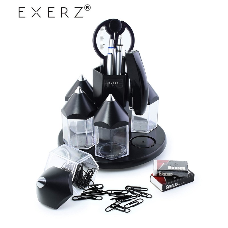 EXERZ Black Desk Organiser, Rotating Pen Tidy with 5 Accessory