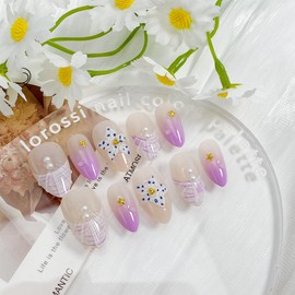 30Pcs Flower Press on Nails Short Almond Fake Nails with 3D Pearl Star Purple French Tip Press ons Summer Acrylic Nails Purple Gradient Full Cover False Nail Floral Artificial Glue on Nail for Women