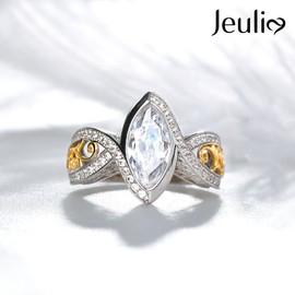 Jeulia Sterling Silver Vintage Style Two Tone Marquise Cut Band Engagement Promise Anniversary Rings for Women Girls with Jewelry Box (Silver and yellow gold, O-½)