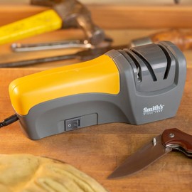 Smith's 50005 Edge Pro Compact Electric Knife Sharpener - Yellow & Grey - Straight Edge 2 Stage Sharpener - Electric & Manual Sharpening - Blade Guide - Outdoor & Kitchen - Pocket & Filet Knives