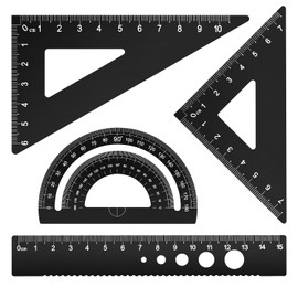Honagu Triangular Ruler Set, 4 Pieces Aluminum Alloy Ruler, Metal Drafting Ruler, Geometric Protractor for Student, Draftsman, Engineers, School Office Supplies (Black)