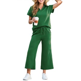 Dokotoo Womens Two Pieces Outfits Trendy Summer Clothes Loungewear Casual Comfy Athletic Tracksuit Valentines V Neck Short Sleeve Lounge Sets Fashion 2025 Sweatsuit Green X-Large