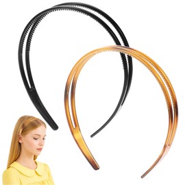 2PCS Plastic Headbands with Double Row Teeth Comb, Non-slip Hairs Hoop Hair Bands Hair Accessory for Women Girls Decorations (Black, Brown)