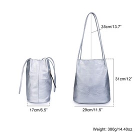 Mabel London Women's Fashion Designer Medium Size Plain Soft Vegan Leather Hobo Bucket Tote Shoulder Bag - Delilah (Metalic Silver)