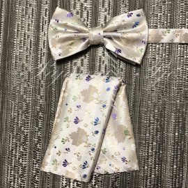 Brand Q NEW Floral Flowers Paisley Bow tie and Pocket Square Hankie Wedding Party Prom  - G. Beige
