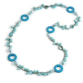 Avalaya Light Blue Pearl Shell and Resin Ring with Silver Tone Chain Long Necklace/104cm Long