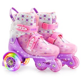 HYKID Toddler Roller Skates, 4 Adjustable Sizes, Fun Illuminating, Safety Three-Point Type, Breathable Upper, Beginners' Roller Skates for Girls Boys Kids (Charming Viola, XS-Small,8-10.5)