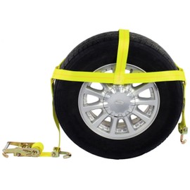 US Cargo Control Wheel Bonnet with Swivel Hooks and Ratchet, 2-Inch Wide Yellow Wheel Strap to Secure Vehicle for Transport, Strong and Durable Webbing, 2,200 Pound Working Load Limit