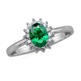 Silvershake 7x5mm Oval Shape White Gold Plated 925 Sterling Silver Flower Cluster Ring, 925 String Silver Rhodium (White Gold Plated), created green emerald