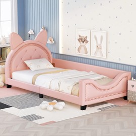 Harper & Bright Designs Twin Size Wood Platform Bed Frame with House-Shaped Headboard for Boys Girls Kids Toddler (Pink)