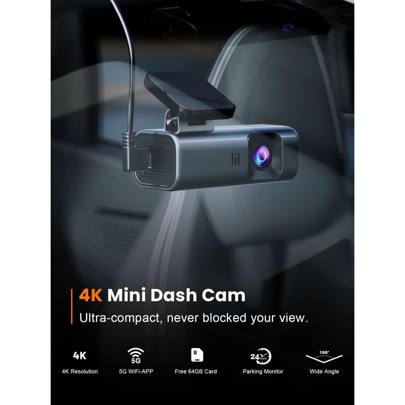 galphi 4K Dash Cam Front, Built-in 5G WiFi, 64GB Card
