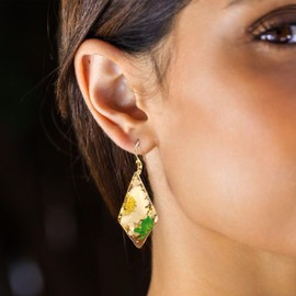 Pressed Flower Handmade Earrings Dangle Geometric Rhombus Sterling Silver Stud with Nature Fern Leaf, Rice Flower and Gold Foils in Resin Drop for Christmas