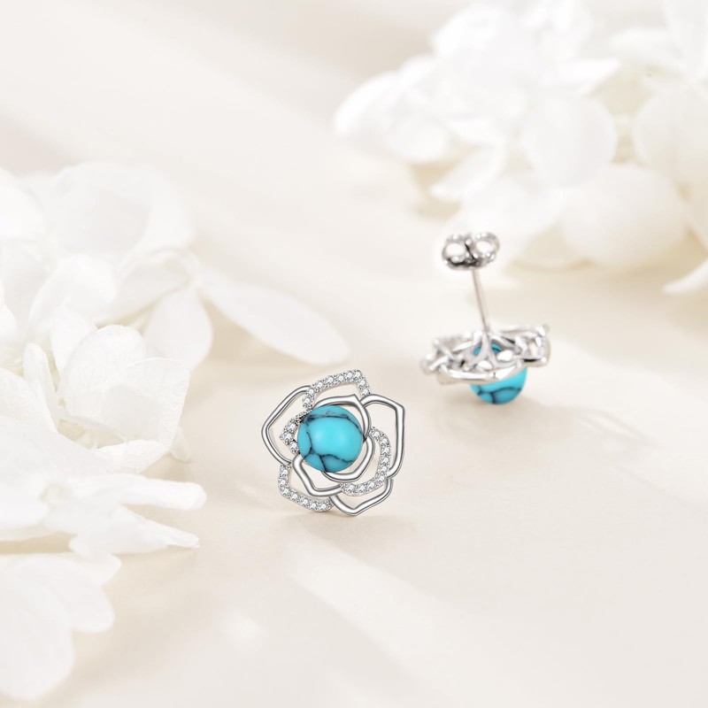 HOPEEZZ Turquoise Earrings for Women Sterling Silver Rose Flower Stud