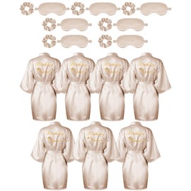 Neer 21 Pcs Women Birthday Party Robe Set Queen Squad Kimono Satin Bathrobes with Eye Mask and Scrunchie for Birthday(Champagne)