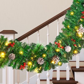 Christmas Garland with Lights for Stairs 2.7M/9FT Christmas Garlands for Fireplaces, Artificial Wreath Garland with Pine Cones Berries for Stairs Xmas Tree Indoor Outdoor