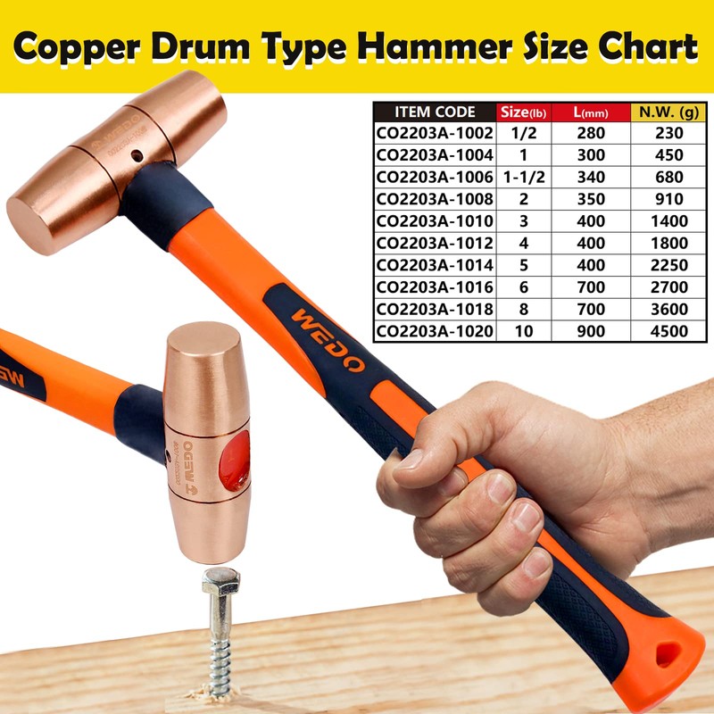 WEDO Copper Sledge Hammer 1/2lb,Solid Copper Mallet Hammer,Fiberglass Handle,Length 280mm,Die-Forged,