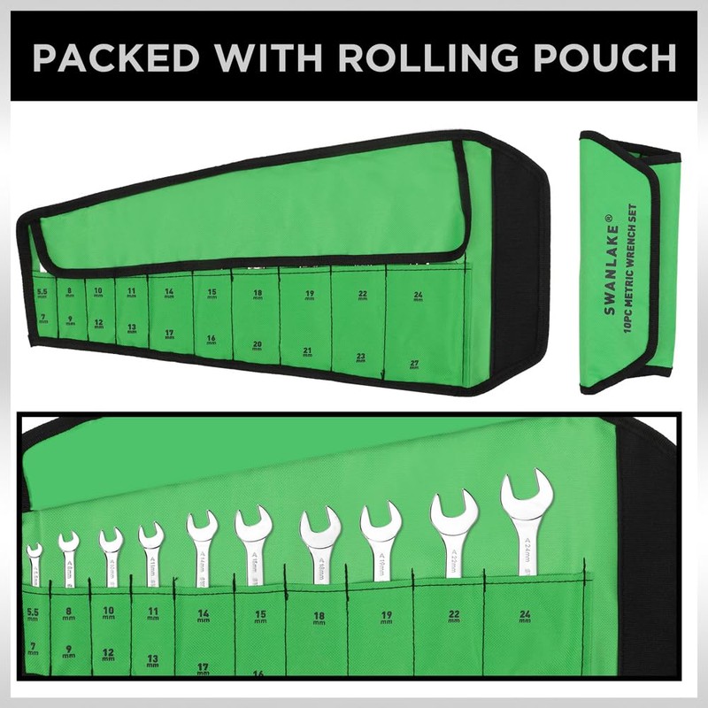 SWANLAKE 10Pcs Super-Thin Open End Wrench Set, CR-V Steel, Metric,