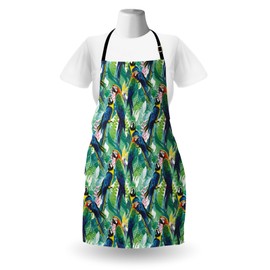 Lunarable Parrots Apron, Colorful Parrots Tropic Flowers Warm Weather Gardens Vacation Traveling, Unisex Kitchen Bib with Adjustable Neck for Cooking Gardening, Adult Size, Navy Blue