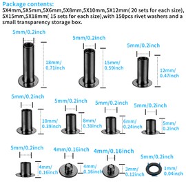 Set of 150 Double Cap Rivets, Book Screws, 8 Models, with Washer, Nut Belt Rivets Cap, Chicago Screws, Leather Rivets, Metal Rivet, Replacement Repair for Luggage, Backpack, Belt (Black)